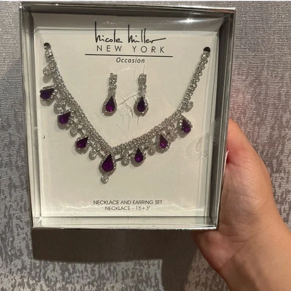 Nicole Miller - Necklace & earrings silver & purple 💜 NIB - Picture 1 of 2